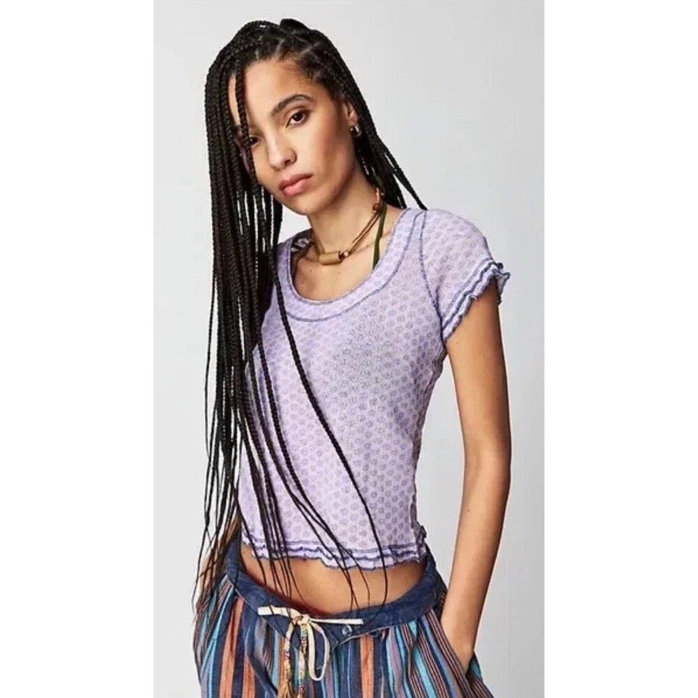 Free People Size XL Garner Tee Short Sleeve Blouse Lavender Crop